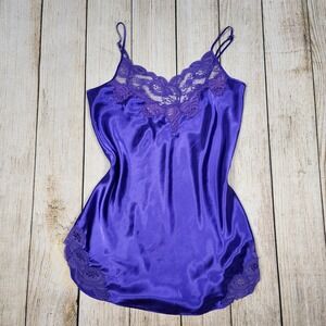 Vintage Gold Label Victoria's Secret Purple Satin Lace Trim Cami Slip Lingerie S